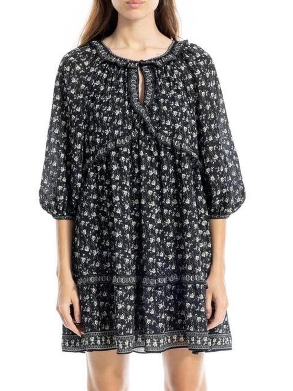 Max Studio Black Floral Ruffle-Trim Dress
